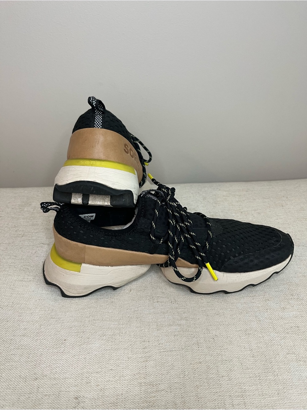 Sorel Black Knit Sneakers with Tan Heel and Neon Trim